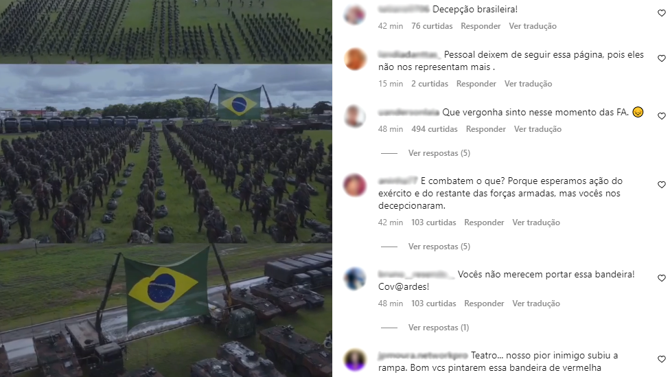 Comentários feitos em publicação do Exército no Instagram