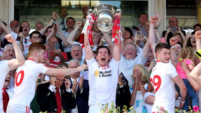 Tyrone celebrate winning the Ulster Championship