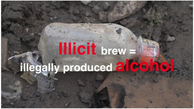 A bottle on ground with the text 'Illicit brew = illegally produced alcohol"