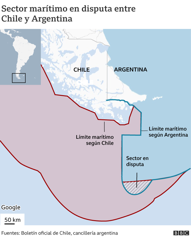 Mapa de los límites marítimos disputados por Chile y Argentina
