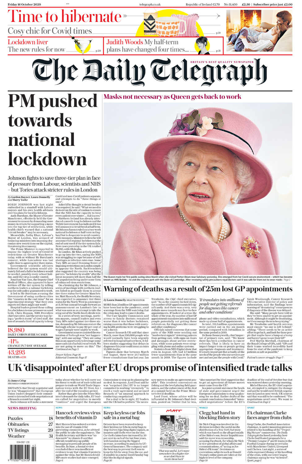 Telegraph front page 16/10/20