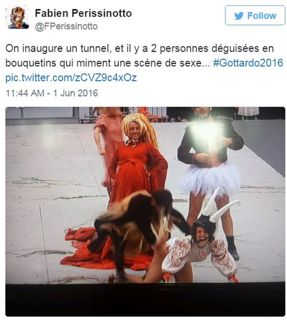 Tweet saying: "We're opening a tunnel , and here are two people dressed as ibex pretending to have sex"