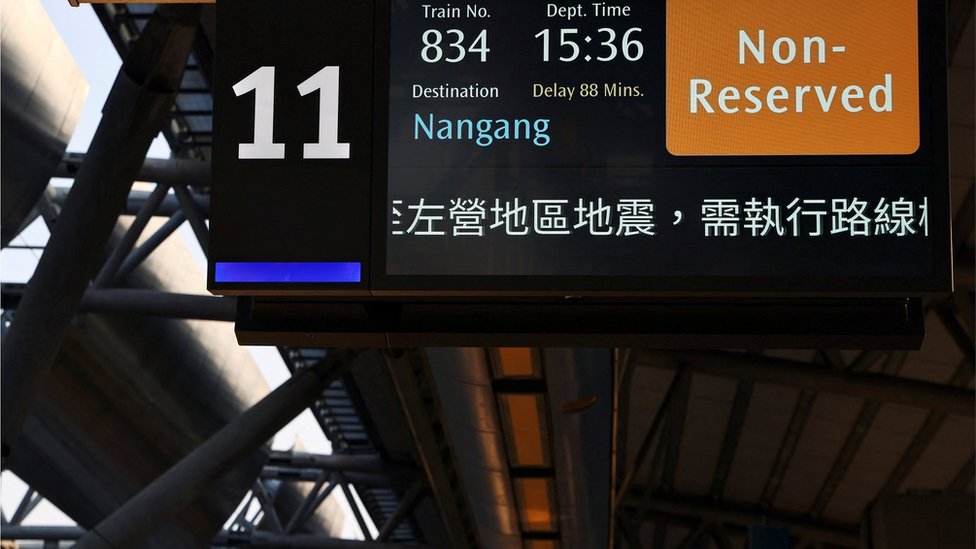 A display at Taichung High Speed Rail station shows a delayed train service, after a 6.8-magnitude earthquake in southeastern Taiwan September 18, 2022.