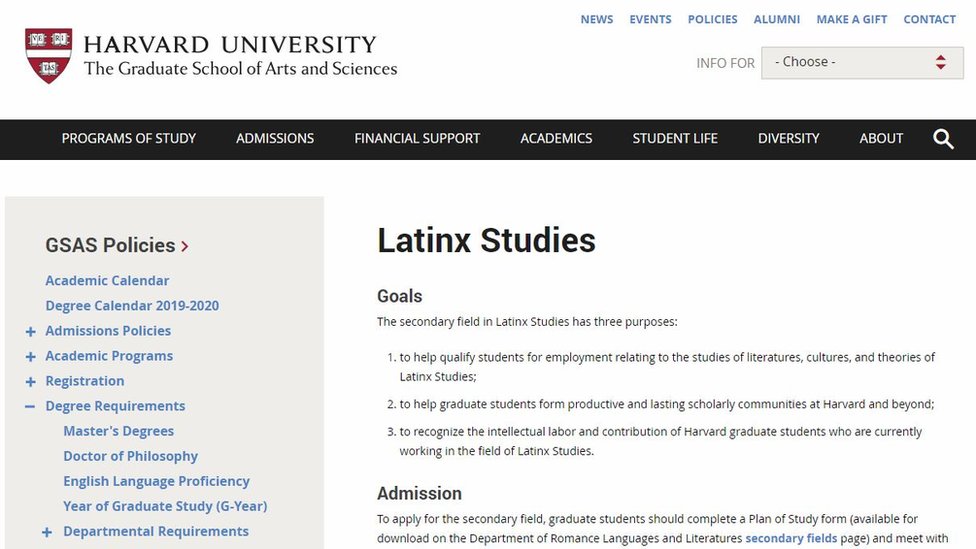 La página web de la Universidad de Harvard que muestra el programa de los "estudios latinx"