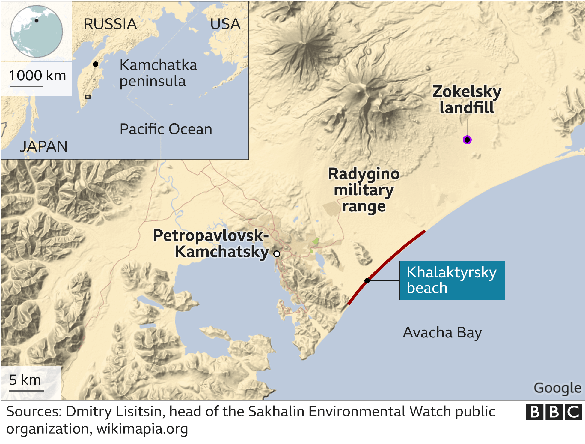 Карта, показывающая расположение пляжа Камчатка в России, где есть сообщения о сильном загрязнении океана.