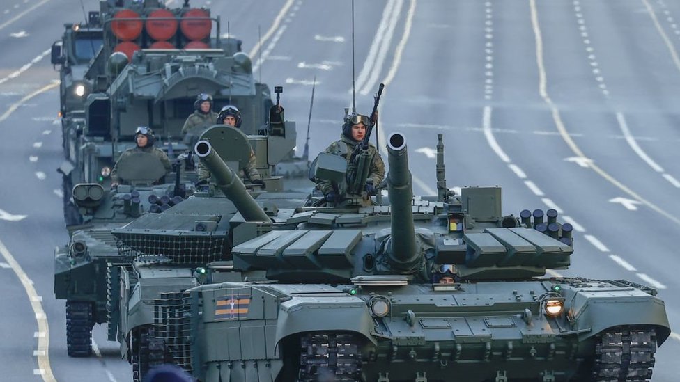 Tanks in a victory day parade rehearsal