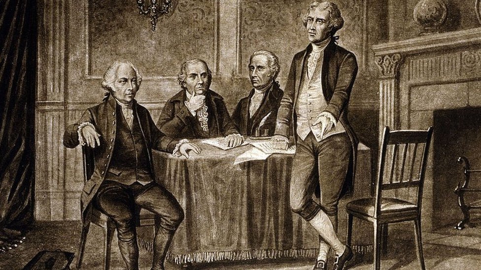 Retrato de John Adams, Robert Morris, Alexander Hamilton y Thomas Jefferson.
