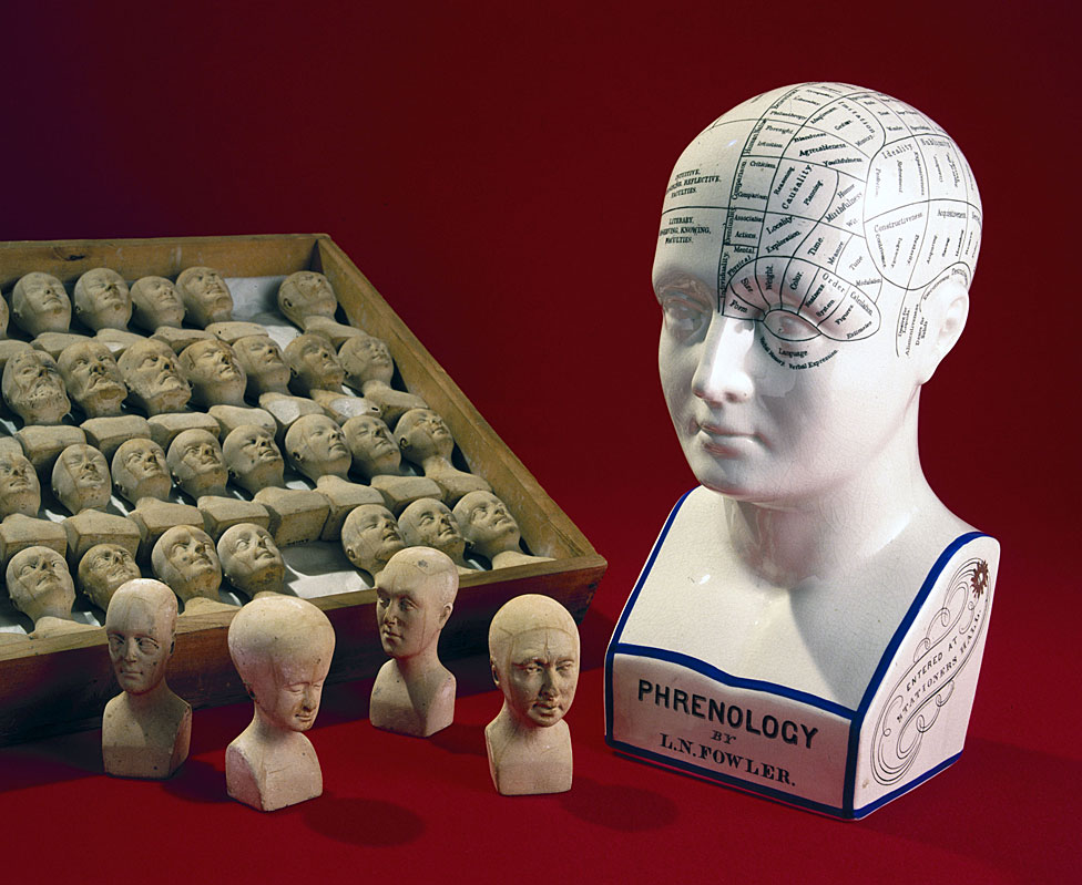 Una cabeza frenológica hecha por los hermanos estadounidenses Lorenzo y Orson Fowler, 1860-1896, y una caja de cabezas pequeñas hechas en 1831 por William Bally de Irlanda, para ilustrar las teorías de la frenología.