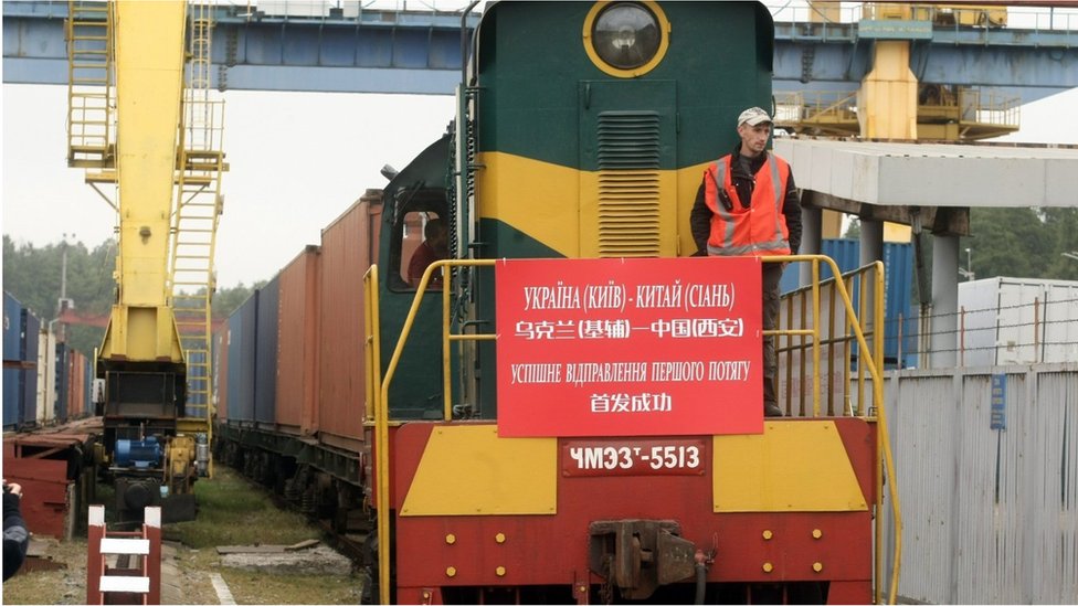 SEPTEMBER 28, 2021 - The first container train with export cargo on the route Ukraine - People's Republic of China is seen before departure, Kyiv, capital of Ukraine