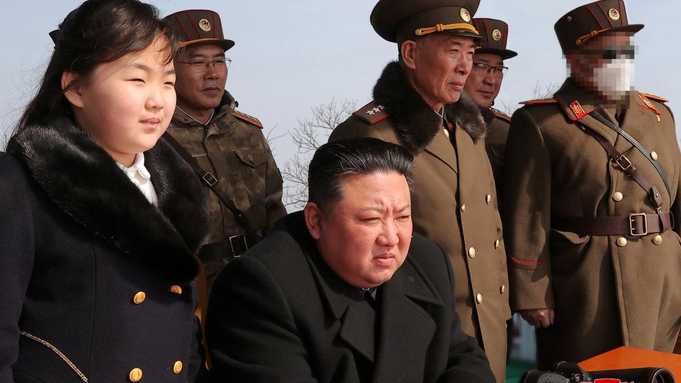 Kim Jong Un and Kim Ju Ae watch a missile drill at an undisclosed location, March 2023