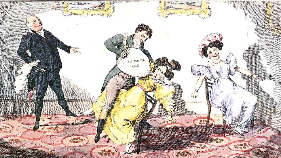 Y, tratándose de un gas de la risa, no extraña que inspirara caricaturas, como esta que va acompañada de la frase "Haciendo la vida fácil". Caricatura