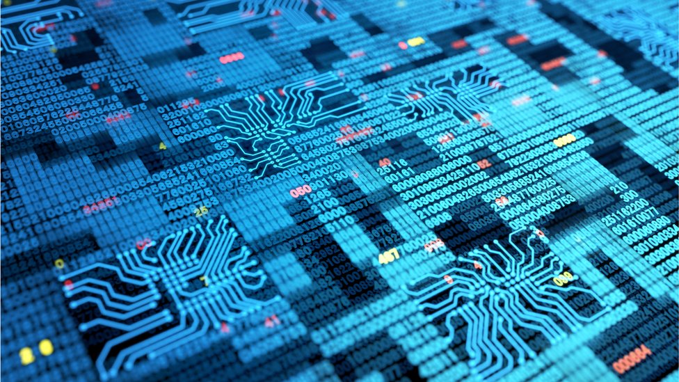 Um código de números brilhantes e um circuito sobre um fundo preto