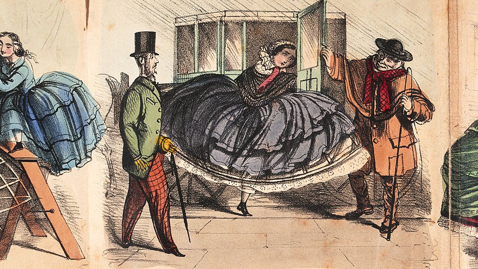 Ilustração de mulher usando uma saia larga com crinolina