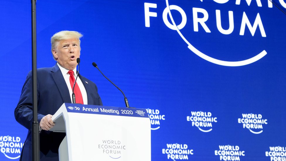 US President Donald Trump addresses a plenary session during the 50th annual meeting of the World Economic Forum (WEF) in Davos, Switzerland
