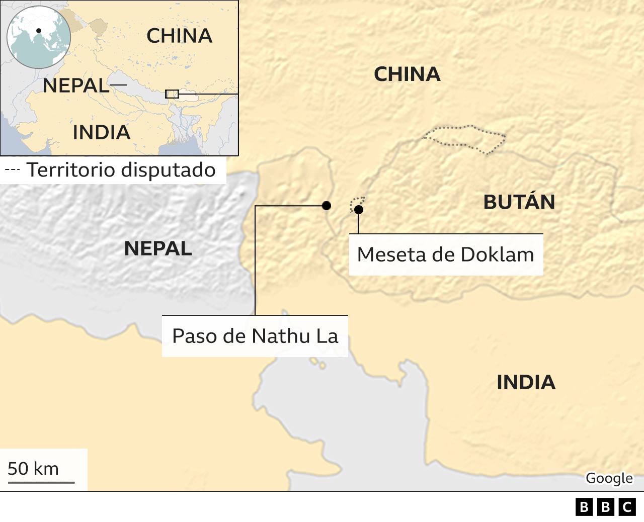 Mapa de la meseta de Doklam