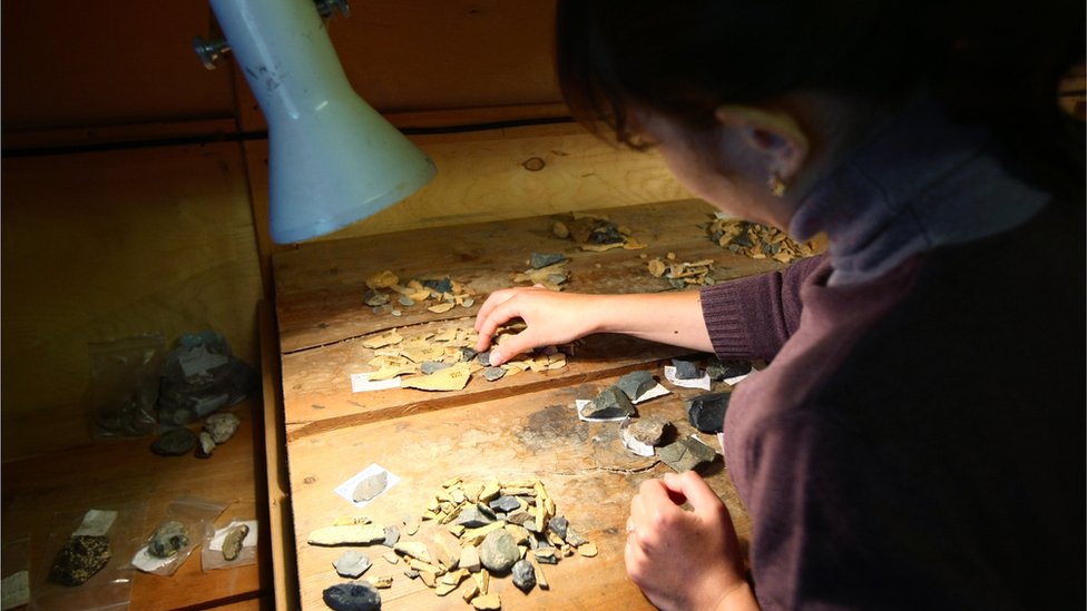 Археолог каталогизирует находки из Денисовой пещеры, Сибирь, Россия