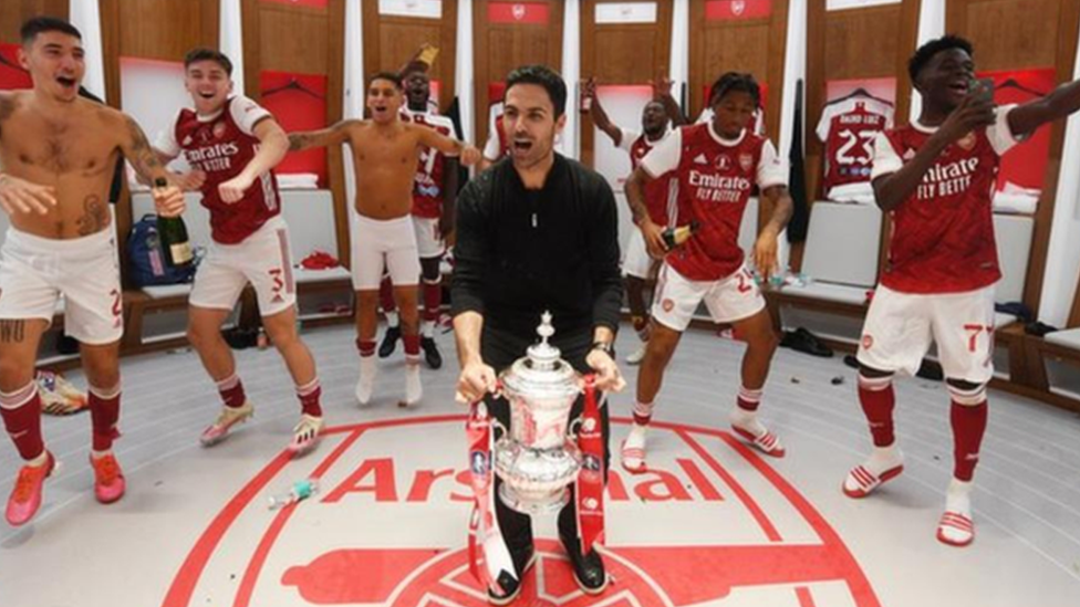 Arsenal boss Mikel Arteta celebrates after winning the FA Cup