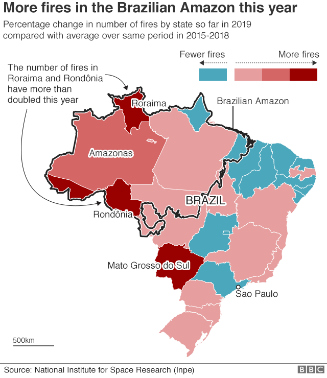 Карта, показывающая штаты Бразилии, наиболее пострадавшие от пожаров
