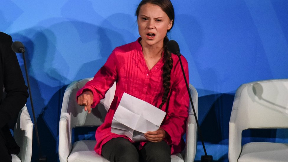 Youth activist Greta Thunberg speaks at the Climate Action Summit at the United Nations on September 23, 2019 in New York City.