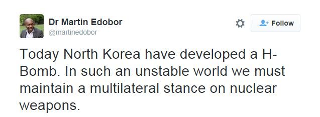 Твиты @martinedobor: Сегодня Северная Корея разработала водородную бомбу. В таком нестабильном мире мы должны сохранять многостороннюю позицию по ядерному оружию.