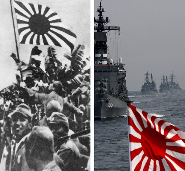 Сочетание японских солдат Второй мировой войны, размахивающих флагом восходящего солнца и флагом восходящего солнца над современным японским военным кораблем