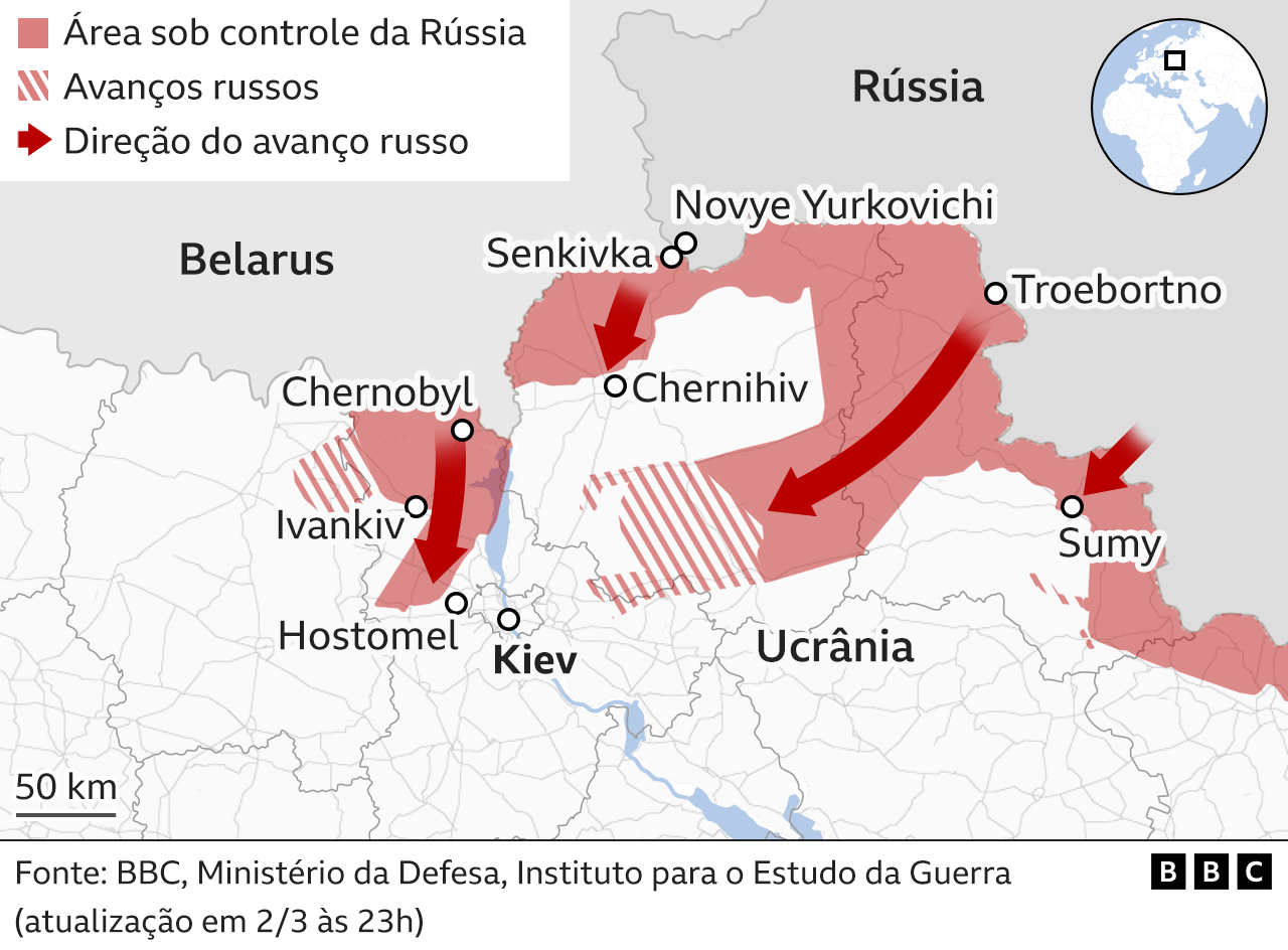 Mapa mostra ataques da Rússia pelo norte da Ucrânia