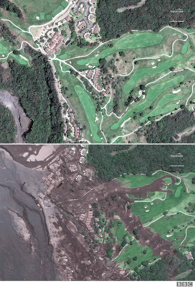 Imágenes satelitales del Campo de Golf de La Reunión, tomadas en abril de 2017 y el 6 de junio de 2018. Fuente: Imagen satelital ©2018 DigitalGlobe, una compañía de Maxar.