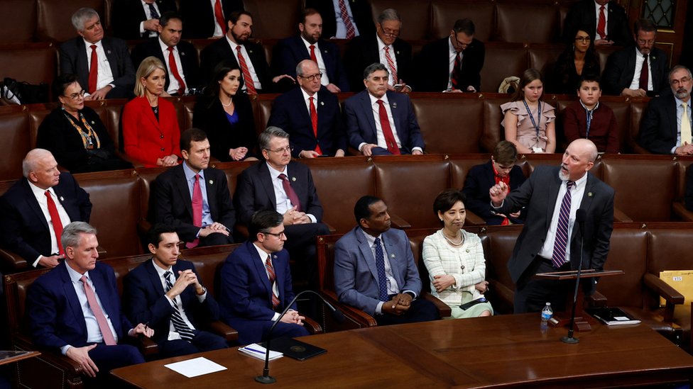 Republican Rep. Chip Roy nominates his colleague Jim Jordan to challenge Republican leader Kevin McCarthy as McCarthy listens, before a third round vote for House Speaker at the US Capitol in Washington.