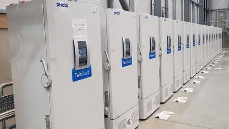 Freezers, at a secure location in the UK, which can each hold more than more than 80,000 doses of the Pfizer/BioNTech coronavirus vaccine