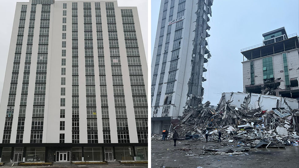 Building in Iskenderun before and after it collapsed