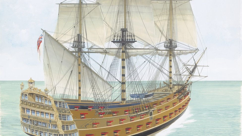 HMS Victory Ship: Artwork of HMS Victory, a first-rate Royal Navy warship wrecked in the English Channel, 1744. (Artwork by John Batchelor.)