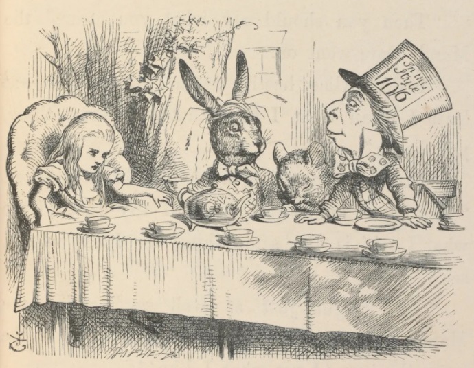 Alisa na čajanci Ludog šeširdžije, 1865; ilustracija; Džon Tenijel, koji je bio poznat po ismevanju političara kao karikaturista Panča