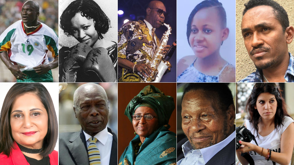 Top left to right: Papa Bouba Diop, Zindzi Mandela, Manu Dibango, Nikita Pearl Waligwa. Bottom left to right: Gita Ramjee, Daniel arap Moi, Hawa Abdi, Richard Maponya, Lina Ben Mhenni,