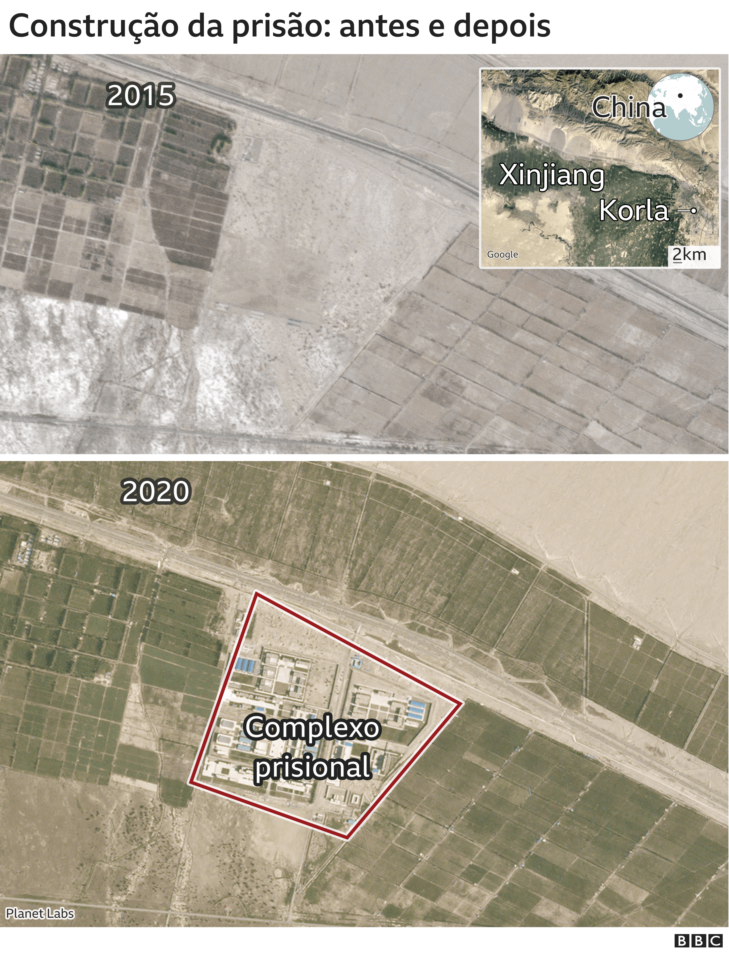 Imagem de satélite mostra aparecimento de complexo prisional nas cercanias de Korla