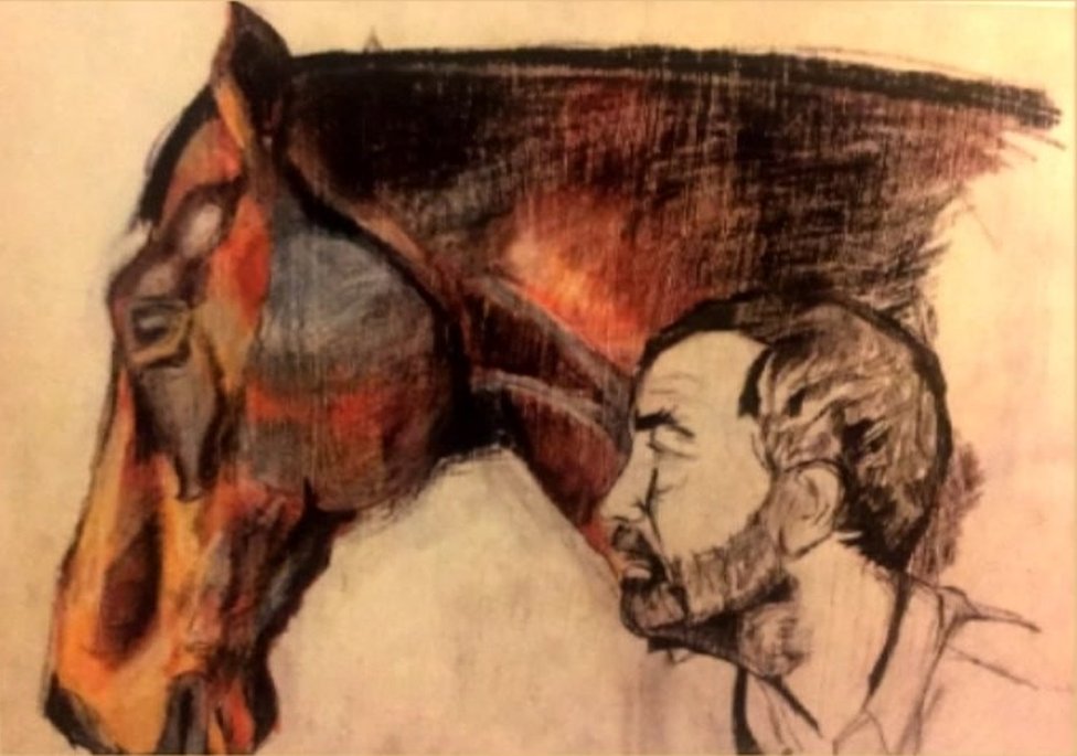 Рисунок с изображением головы лошади и Марка Нидхэма