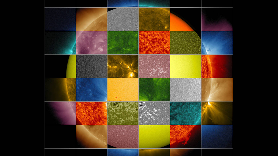 Mosaico del Sol que hizo la NASA con fragmentos de imágenes captadas por diversas longitudes de onda