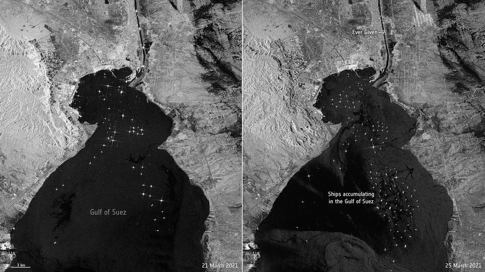 Imagen satelital de los barcos varados en un lago del Canal de Suez