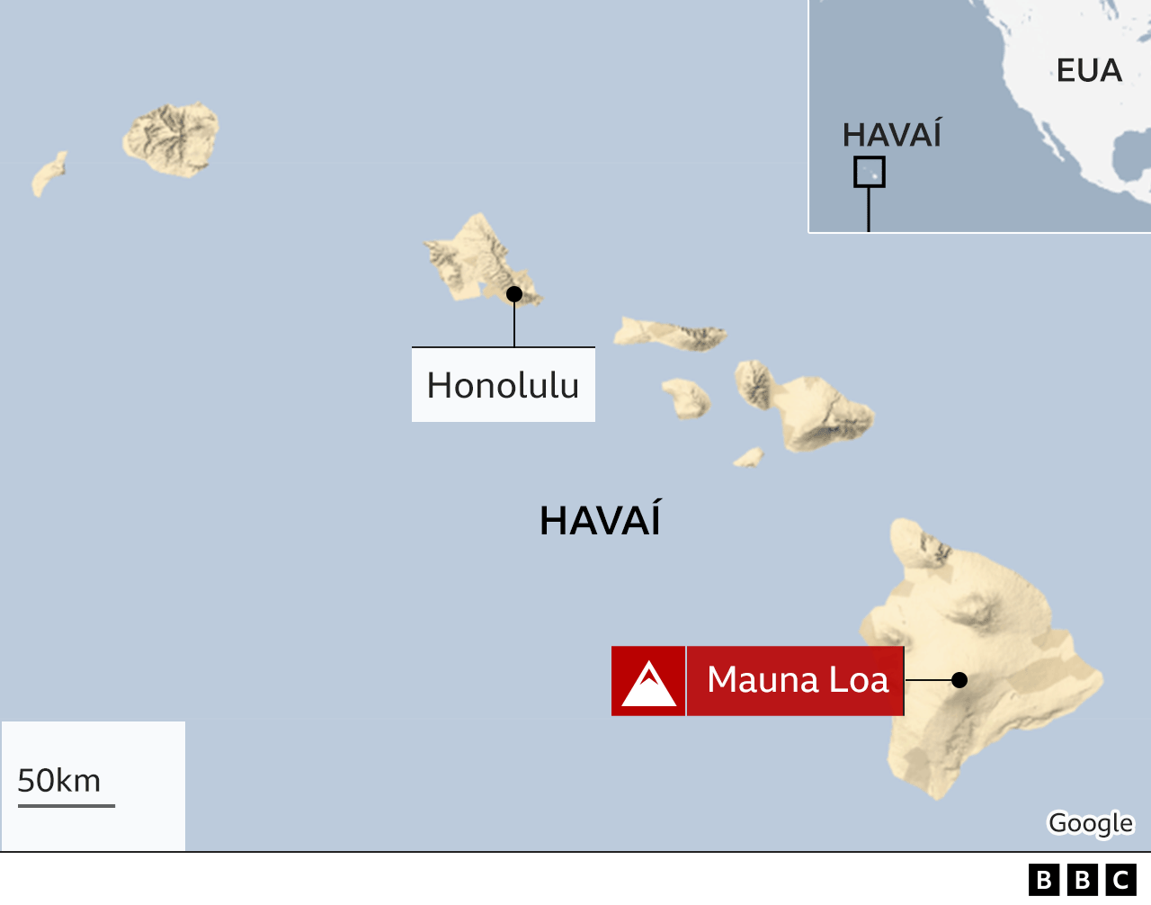 Mapa do Havaí mostrando onde fica o vulcão