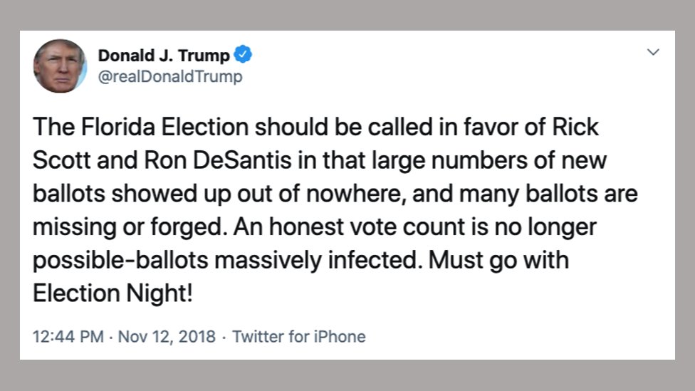Trump tweet: The Florida Election should be called in favor of Rick Scott and Ron DeSantis in that large numbers of new ballots showed up out of nowhere, and many ballots are missing or forged. An honest vote count is no longer possible-ballots massively infected. Must go with Election Night!