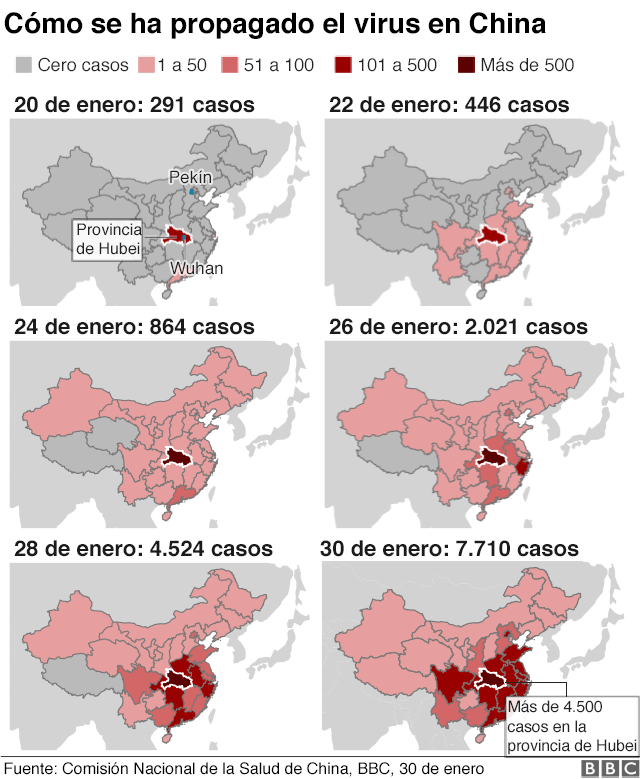Mapa con la propagación del coronavirus en China