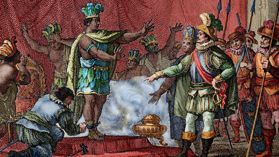 Aztek İmparatoru Montezuma'nın 1520'de İspanyol kaşif Hernan Cortes tarafından tutulanmasını gösteren bir gravür.