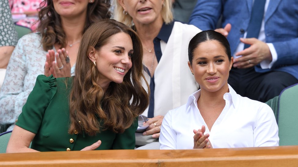 Catherine, Duchess of Cambridge and Meghan, Duchess of Sussex attend the Women's Singles Final of the Wimbledon Tennis Championships at All England Lawn Tennis and Croquet Club
