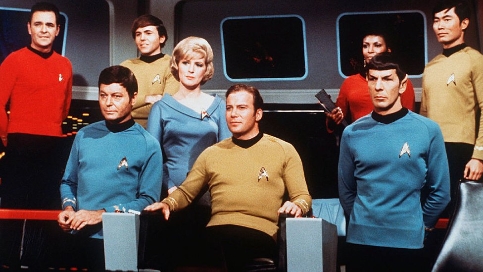 The cast of the original TV series Star Trek on set
