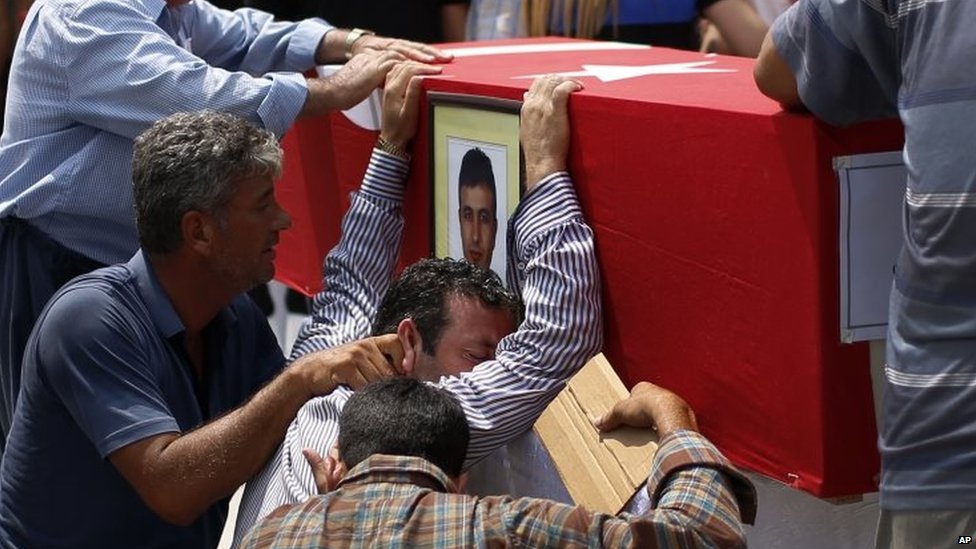 Родственники плачут над гробом полицейского Исы Ипека, убитого в результате нападения РПК 31.07.2015