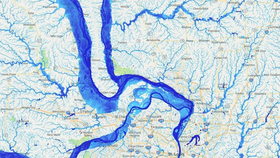 Карта наводнения сосредоточена на районе вокруг Сент-Луиса (c) Oliver Wing