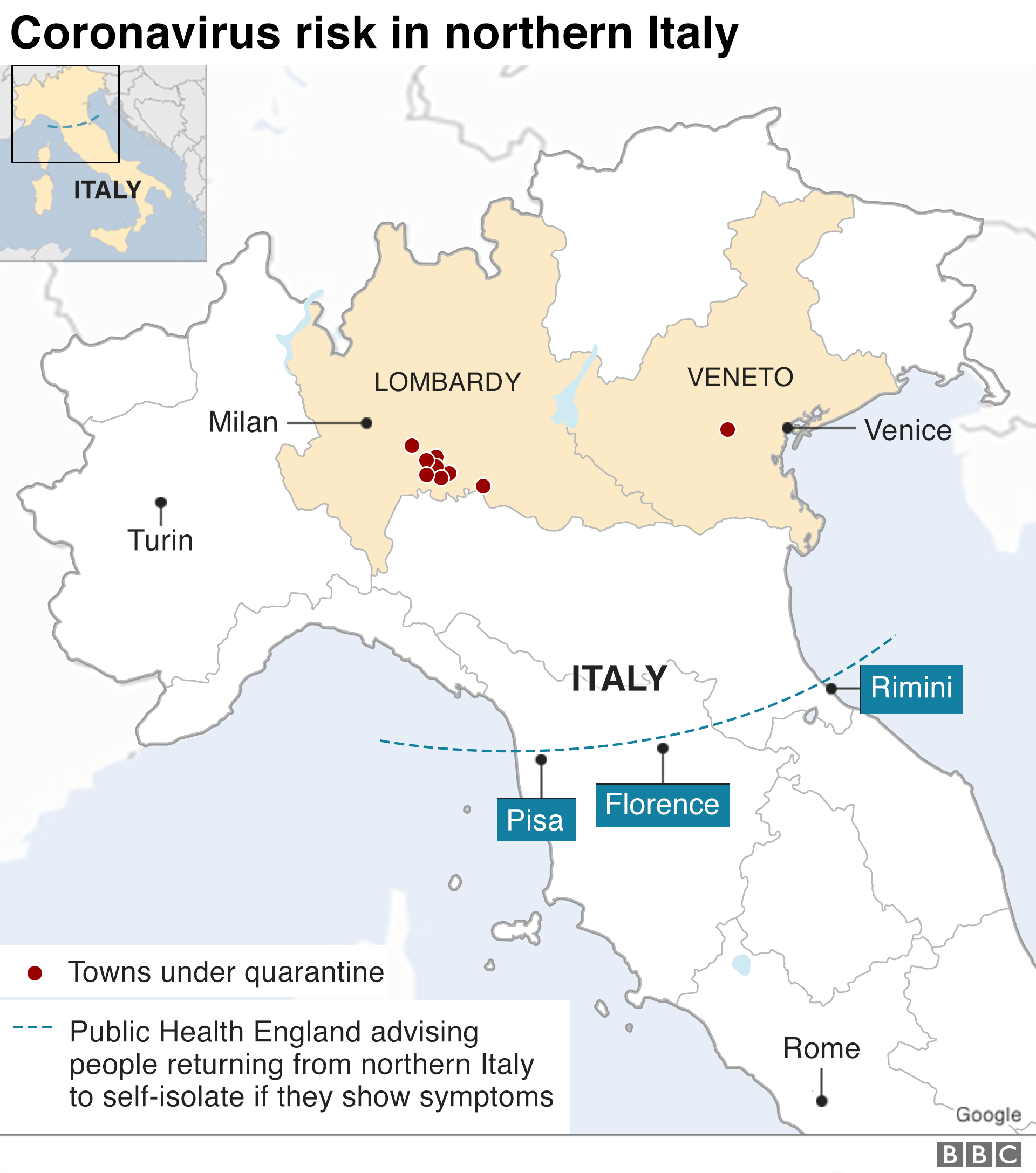Карта Италии с указанием карантинных зон