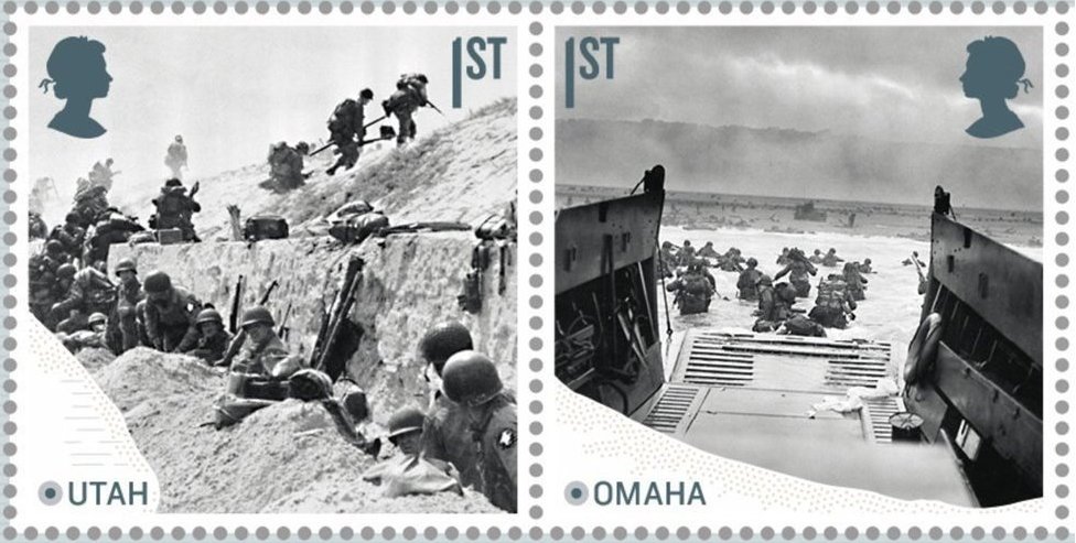 Коллекции марок к годовщине высадки десанта с изображением войск на пляжах Юты и Омахи