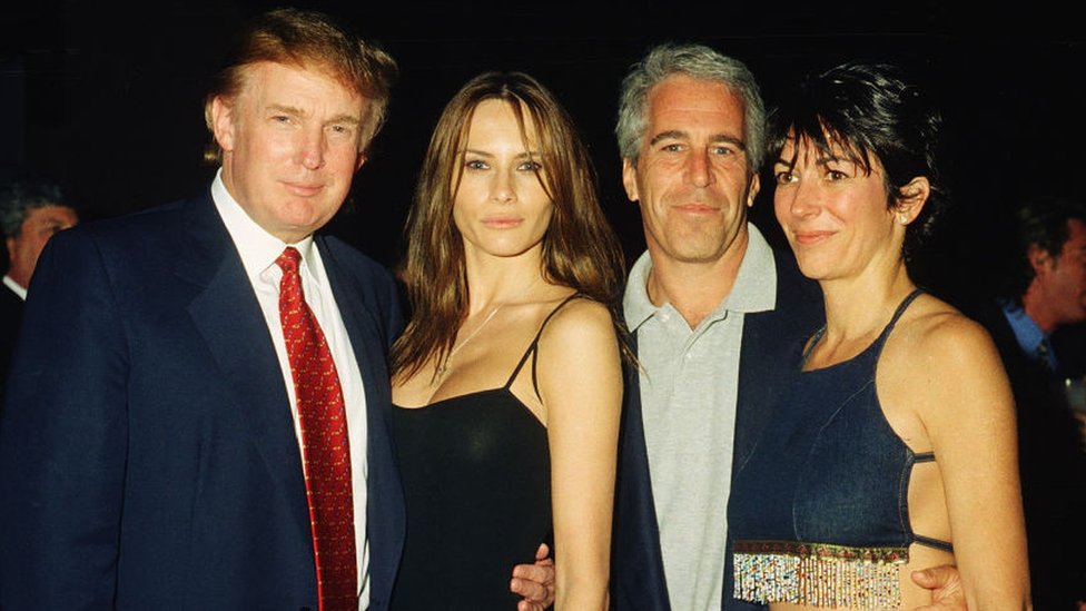 Ghislaine Maxwell (far right) with Epstein and Donald Trump (left).