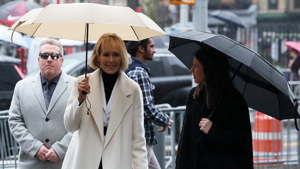 E. Jean Carroll walks outside the Manhattan Federal Court, for the second civil trial after she accused former U.S. President Donald Trump of raping her decades ago, in New York City, U.S., January 26, 2024
