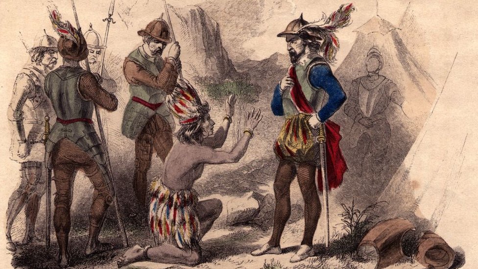 Dibujo de Atahualpa rogando clemencia a Pizarro